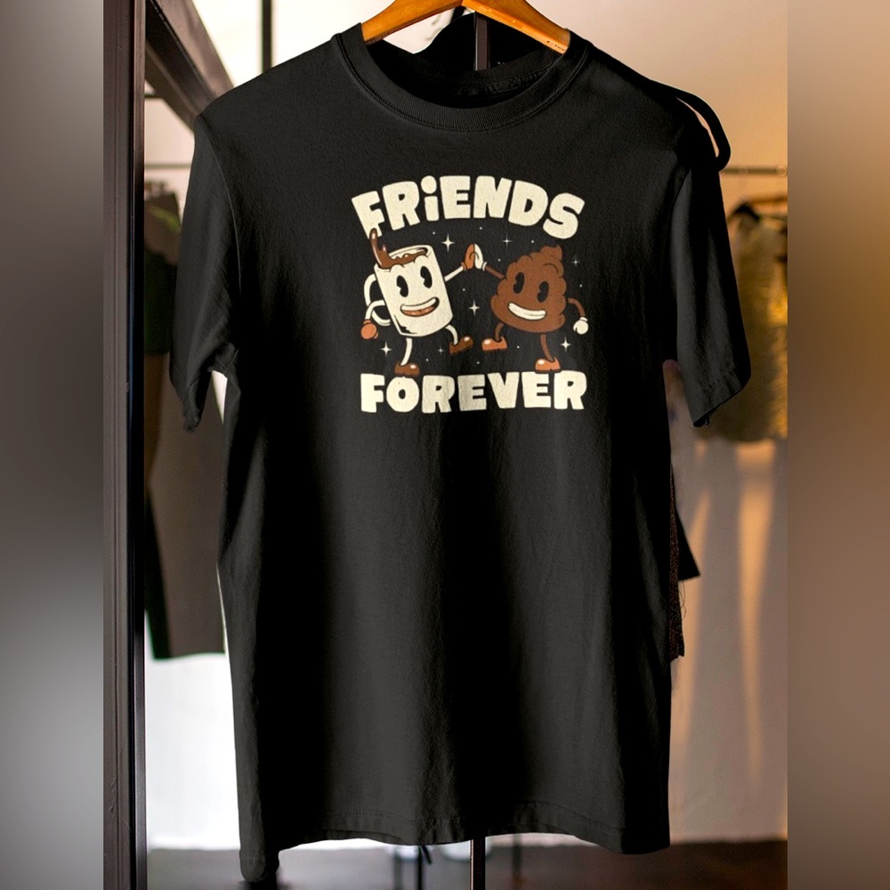 Friends Forever Happy Coffee Poop Fun Men’s Black Tee NWT
